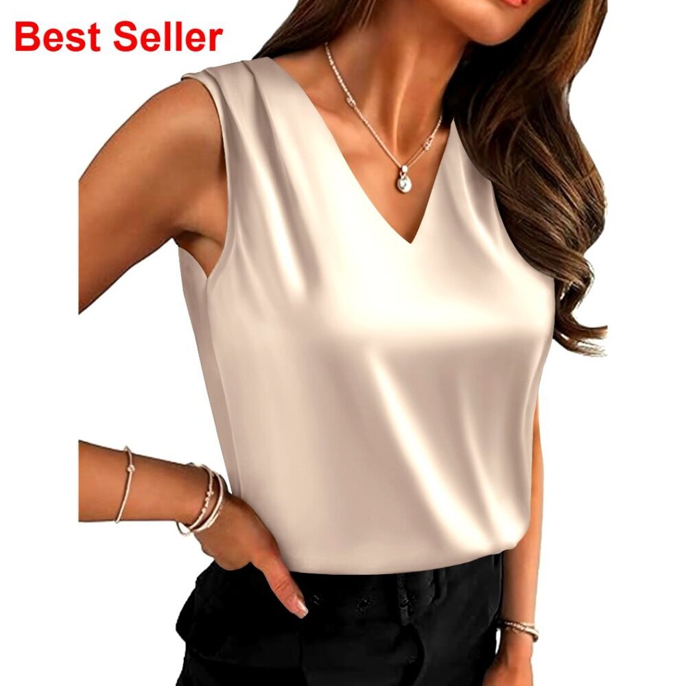 Satin Camisole Tank Top V-Neck Pleated Sleeveless Blouse Business Casual